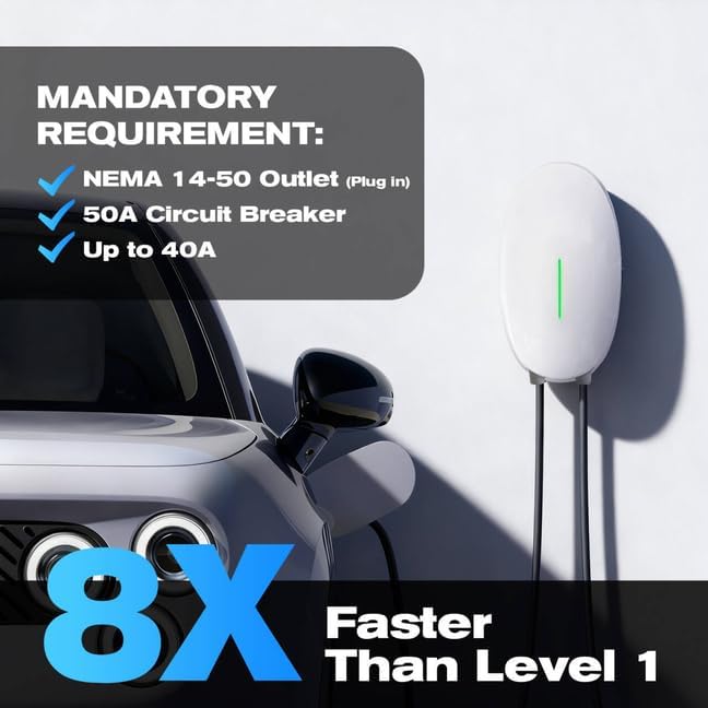 Level 2 EV Charger, 40A 240V 9.6kW Home Charging Station, NEMA 14-50 Plug, J1772 25' Cable Fast Wallbox